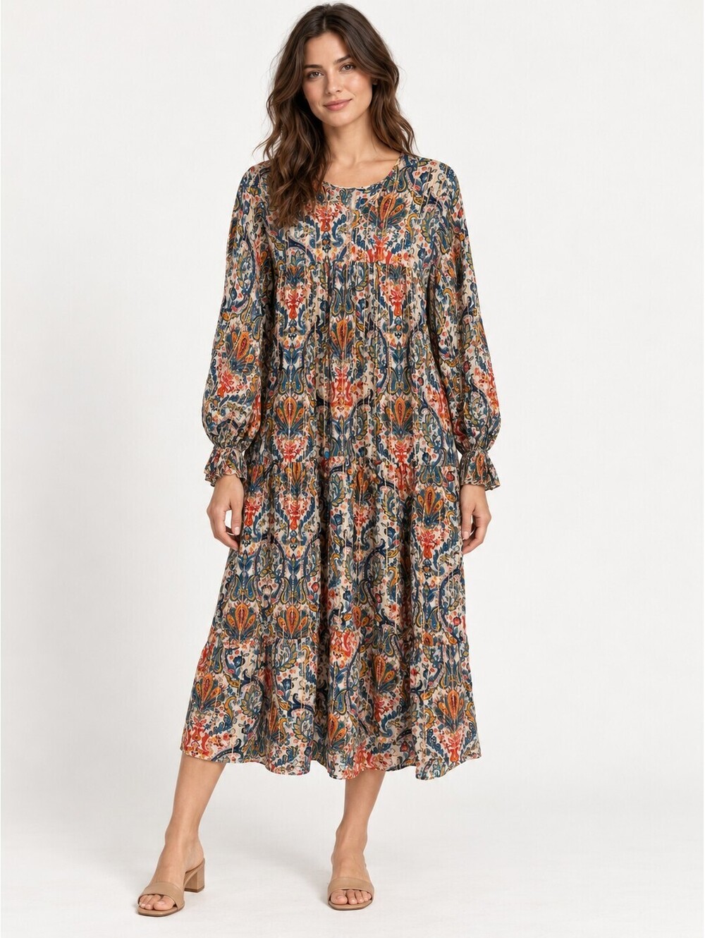 Zara Paisley Metallic Thread Tiered Midi Dress Women’s L Boho